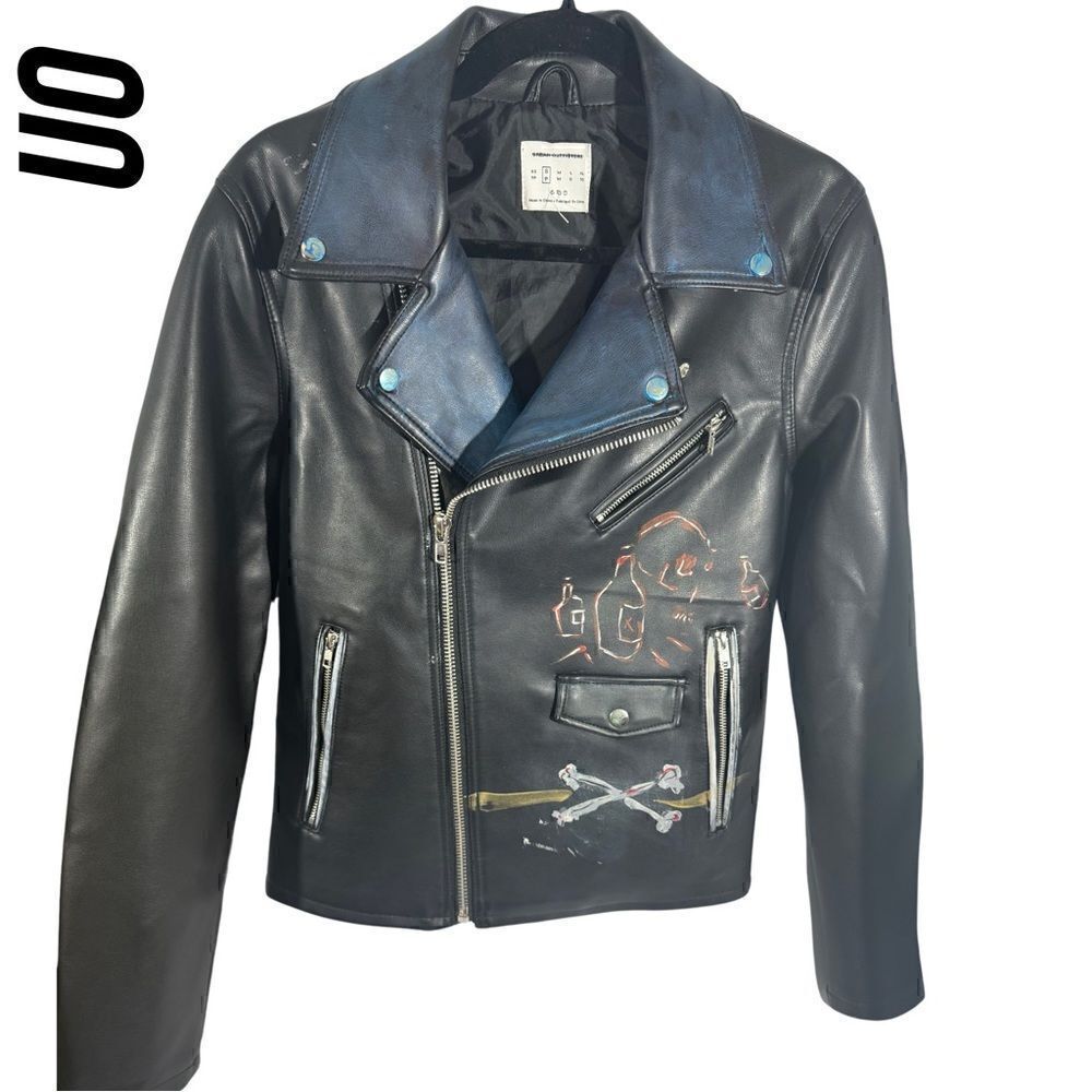 URBAN OUTFITTERS CUSTOM PAINTED FAUX VEGAN LEATHER JACKET BLACK SP